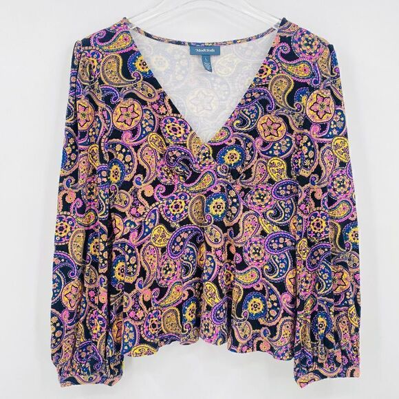Modcloth Size Large Country Royalty Paisley Print Jersey Knit V Neck Peplum Top - Picture 1 of 7